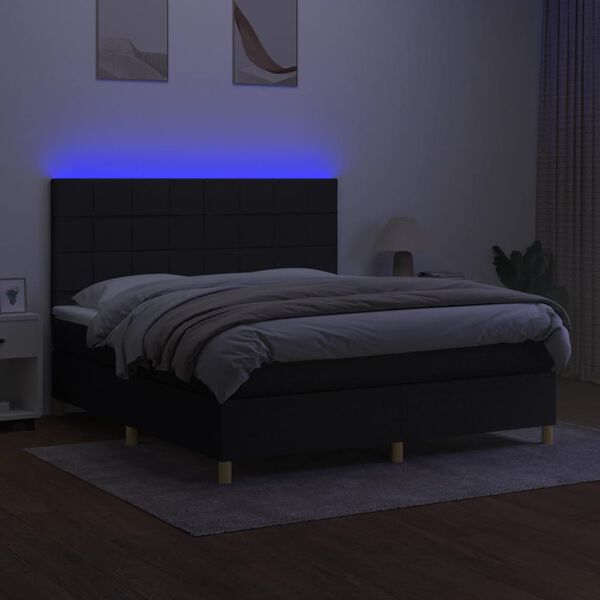 vidaXL Cama box spring colch&oacute;n y luces LED tela negro 180x200 cm