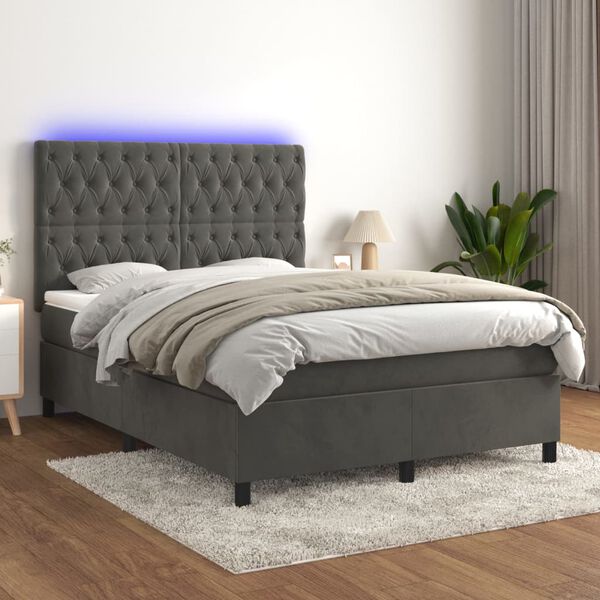 vidaXL Cama box spring colch&oacute;n y LED terciopelo gris oscuro 140x200 cm