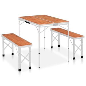vidaXL Mesa de camping plegable con 2 bancos aluminio marr&oacute;n