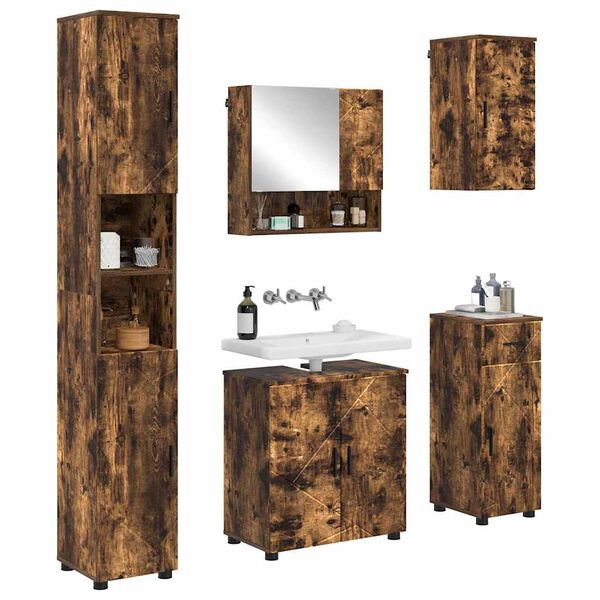 vidaXL Juego de muebles de ba&ntilde;o con caj&oacute;n 5 pcs Roble ahumado