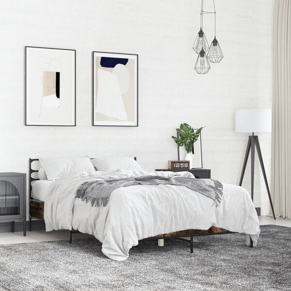 vidaXL Estructura cama madera ingenier&iacute;a metal roble ahumado 135x190cm