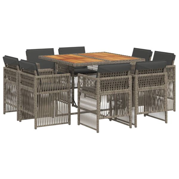 vidaXL Set comedor jard&iacute;n 9 pzas y cojines rat&aacute;n sint&eacute;tico gris