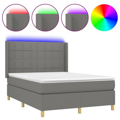 vidaXL Cama box spring colchón y luces LED tela gris oscuro 140x190 cm