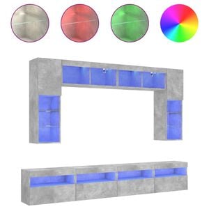 vidaXL Muebles de TV de pared con luces LED 8 piezas gris hormig&oacute;n