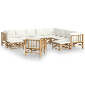 vidaXL Set de muebles de jard&iacute;n 12 piezas bamb&uacute; y cojines blanco crema