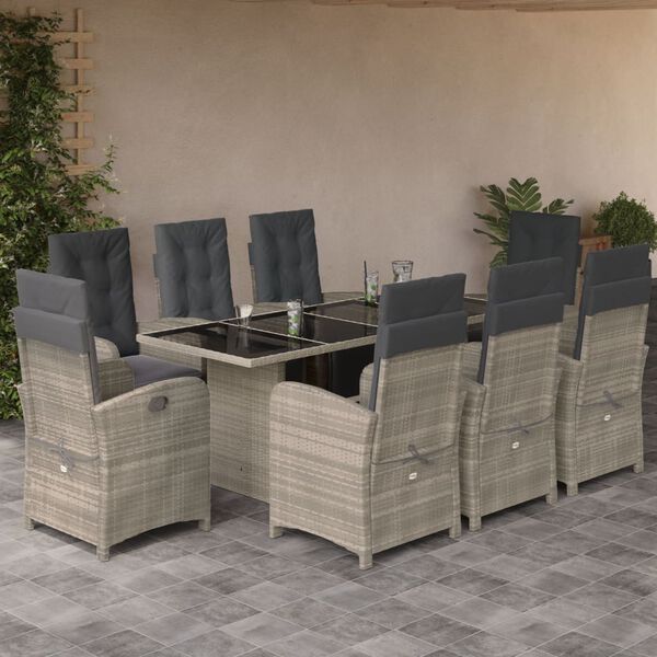 vidaXL Set comedor de jard&iacute;n 9 pzas cojines rat&aacute;n sint&eacute;tico gris claro