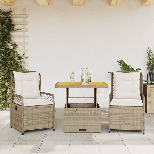 vidaXL Set comedor de jard&iacute;n 3 pzas con cojines rat&aacute;n sint&eacute;tico beige