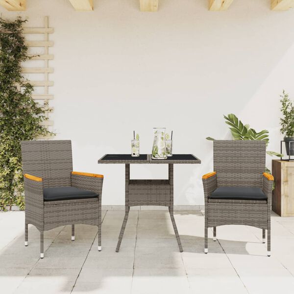 vidaXL Set comedor jard&iacute;n 3 pzas y cojines rat&aacute;n sint&eacute;tico vidrio gris