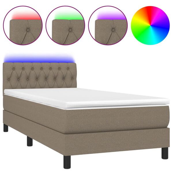 vidaXL Cama box spring colch&oacute;n y luces LED tela gris taupe 90x200 cm
