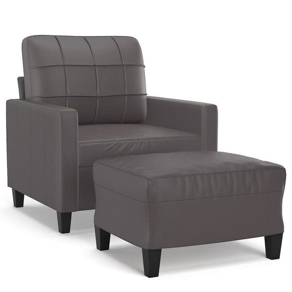 vidaXL Sillón con taburete cuero sintético gris 60 cm