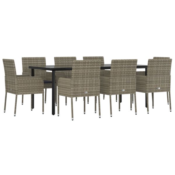 vidaXL Set comedor jard&iacute;n 9 pzas y cojines rat&aacute;n sint&eacute;tico negro gris