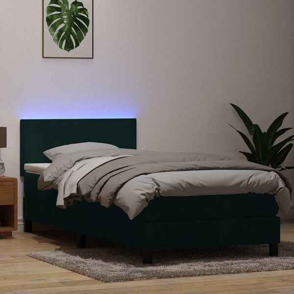 vidaXL Cama box spring con colch&oacute;n y LED terciopelo verde oscuro 90x210 cm