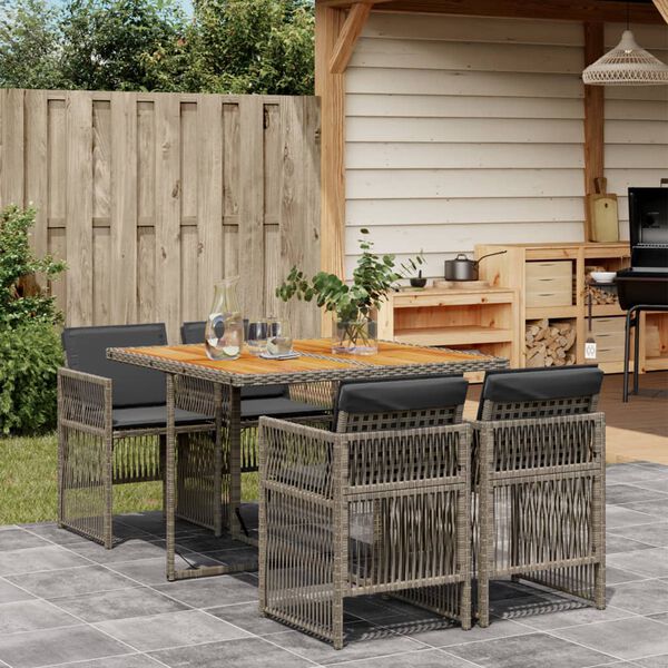 vidaXL Set comedor de jard&iacute;n 5 piezas con cojines rat&aacute;n sint&eacute;tico gris