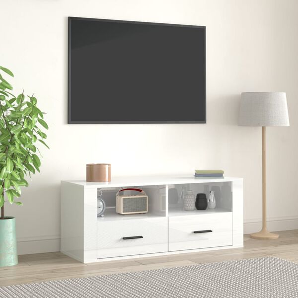 vidaXL Mueble de TV madera contrachapada blanco brillo 100x35x40 cm