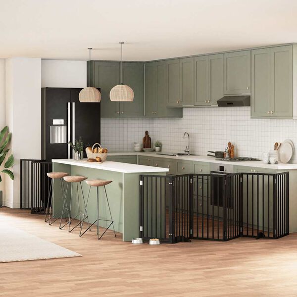 vidaXL Puerta para perros plegable 9 paneles madera &aacute;lamo negra 450 cm