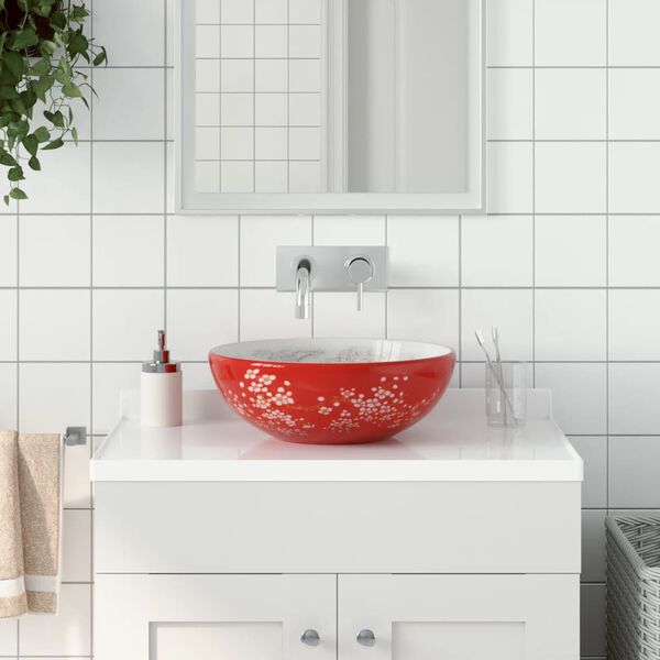 vidaXL Lavabo sobre encimera redondo cer&aacute;mica blanco y rojo &Phi;41x14 cm