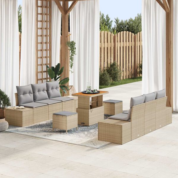 vidaXL Conjunto de sof&aacute; de jard&iacute;n con coj&iacute;n 9 pcs Beige Polirat&aacute;n