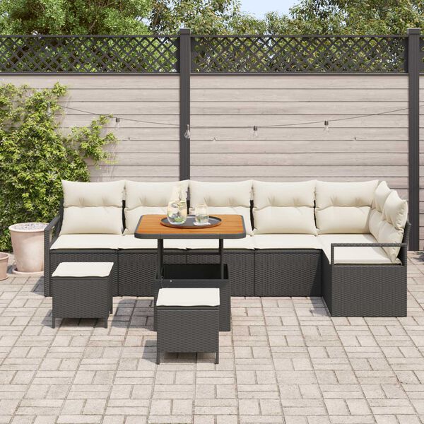 vidaXL Conjunto de sof&aacute; de jard&iacute;n con coj&iacute;n 9 pcs Negro y crema