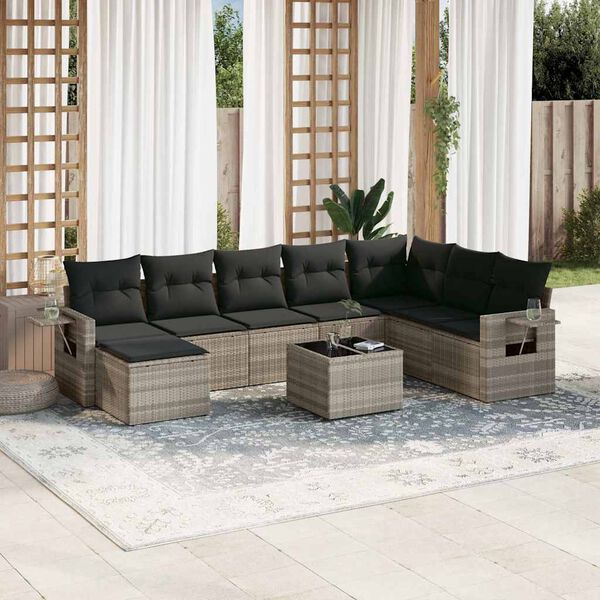 vidaXL Set muebles jard&iacute;n 9 pzas y cojines rat&aacute;n sint&eacute;tico gris claro