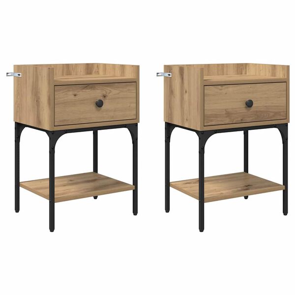 vidaXL Mesita de Noche con caj&oacute;n 2 pcs Roble artesanal 40 x 29 x 60 cm