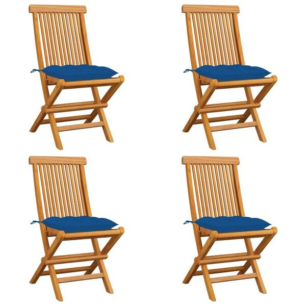vidaXL Sillas de jard&iacute;n 4 uds madera maciza de teca con cojines azules