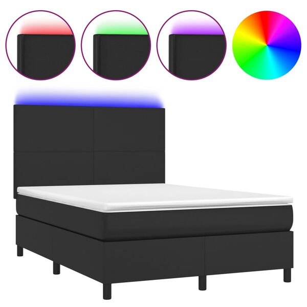 vidaXL Cama box spring colch&oacute;n y LED cuero sint&eacute;tico negro 140x190 cm