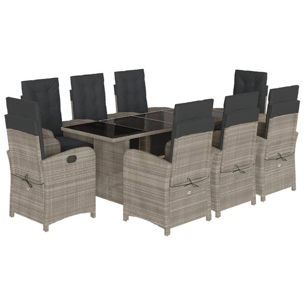 vidaXL Set comedor de jard&iacute;n 9 pzas cojines rat&aacute;n sint&eacute;tico gris claro