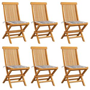 vidaXL Sillas plegables con cojines de estampado a cuadros grises, 6 unidades, madera maciza de teca.