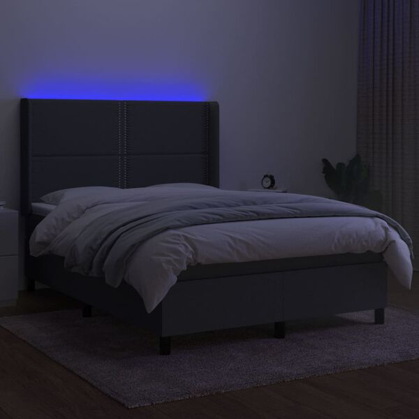 vidaXL Cama box spring colch&oacute;n y luces LED tela gris oscuro 140x190 cm