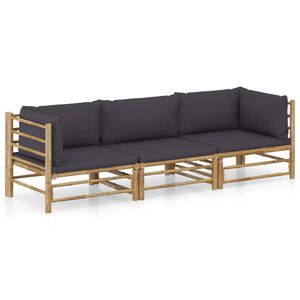 vidaXL Set de muebles de jard&iacute;n 3 piezas bamb&uacute; y cojines gris oscuro
