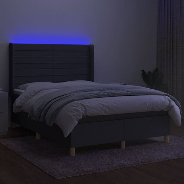 vidaXL Cama box spring colch&oacute;n y luces LED tela gris oscuro 140x190 cm