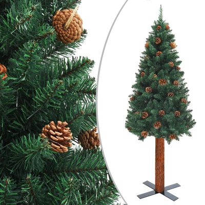 vidaXL Árbol de Navidad delgado madera auténtica y piñas PVC 150 cm