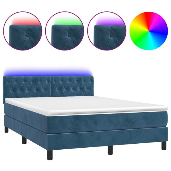 vidaXL Cama box spring colch&oacute;n y LED terciopelo azul oscuro 140x190 cm