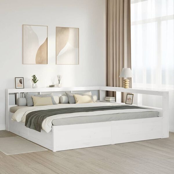 vidaXL Cama con estanter&iacute;a sin colch&oacute;n madera maciza blanca 200x200 cm