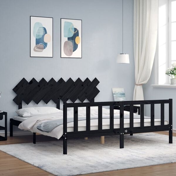 vidaXL Estructura cama de matrimonio con cabecero madera maciza negro