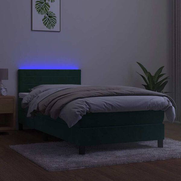 vidaXL Cama box spring colch&oacute;n y LED terciopelo verde oscuro 90x190 cm