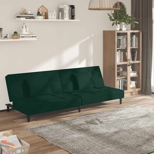 vidaXL Sof&aacute; cama de 2 plazas con dos almohadas terciopelo verde oscuro