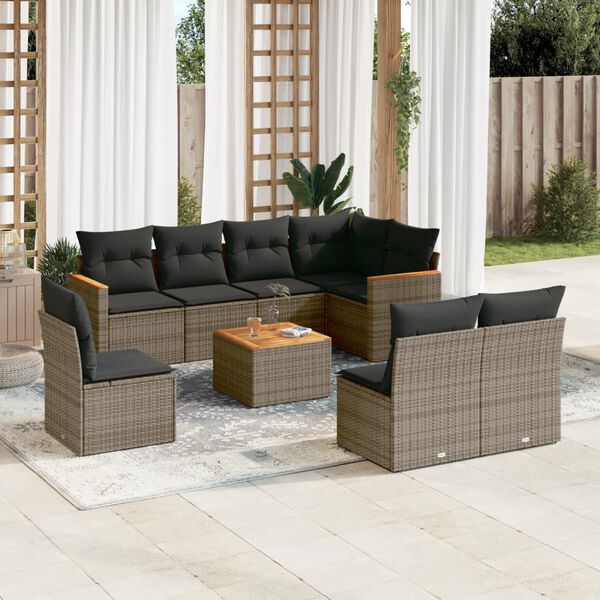 vidaXL Set de muebles de jard&iacute;n 9 pzas y cojines rat&aacute;n sint&eacute;tico gris