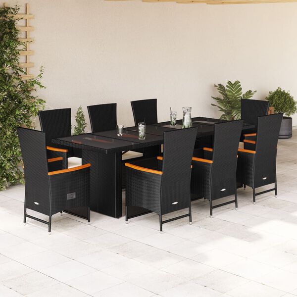 vidaXL Set de comedor de jard&iacute;n 9 pzas y cojines rat&aacute;n sint&eacute;tico negro