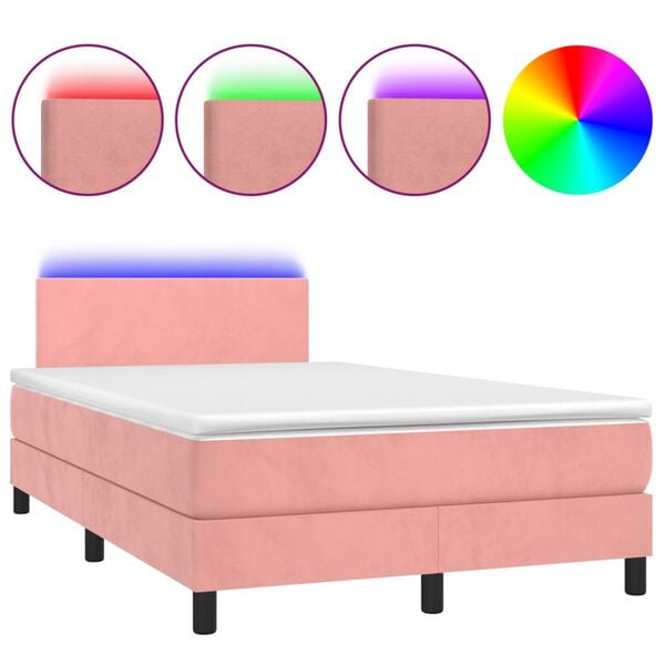 vidaXL Cama box spring colch&oacute;n y LED terciopelo rosa 120x200 cm