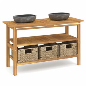 vidaXL Tocador de ba&ntilde;o con lavabos piedra de r&iacute;o madera maciza de teca