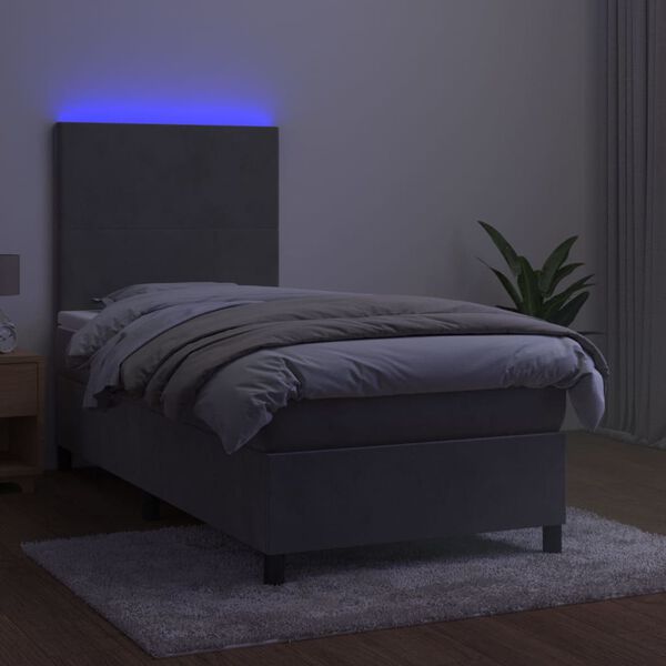 vidaXL Cama box spring colch&oacute;n y LED terciopelo gris claro 100x200 cm