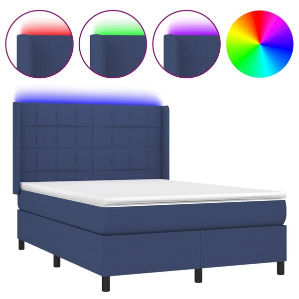 vidaXL Cama box spring colch&oacute;n y luces LED tela azul 140x200 cm