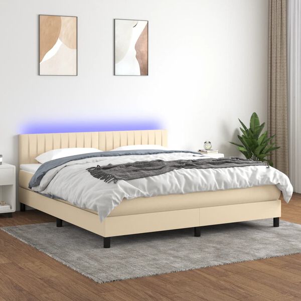 vidaXL Cama box spring colch&oacute;n y luces LED tela crema 180x200 cm