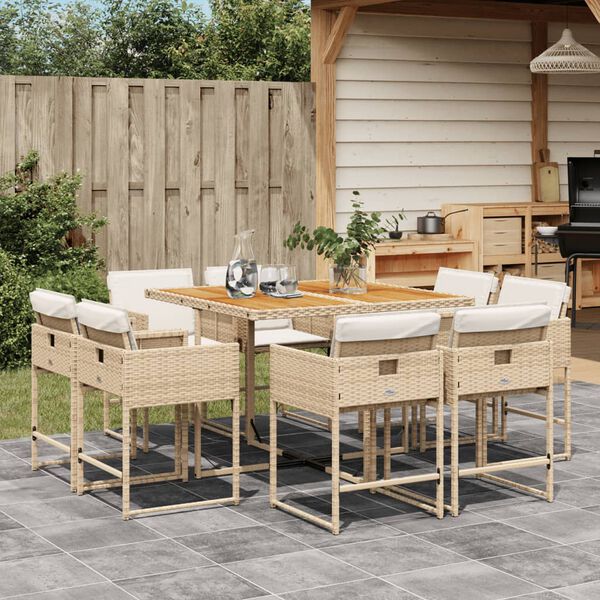 vidaXL Set comedor de jard&iacute;n 9 pzas con cojines rat&aacute;n sint&eacute;tico beige