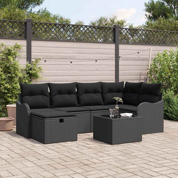 vidaXL Conjunto de sof&aacute; de jard&iacute;n con coj&iacute;n 7 pcs Negro Polirat&aacute;n