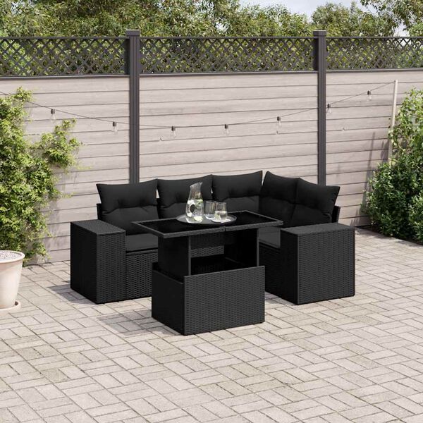 vidaXL Set de muebles de jard&iacute;n 5 pzas y cojines rat&aacute;n sint&eacute;tico negro