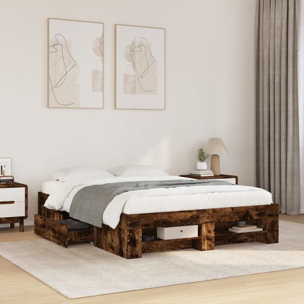 vidaXL Estructura de cama madera de ingenier&iacute;a roble ahumado 135x190cm