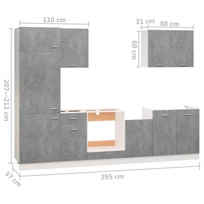 vidaXL Juego de muebles de cocina 7 piezas aglomerado gris hormigón