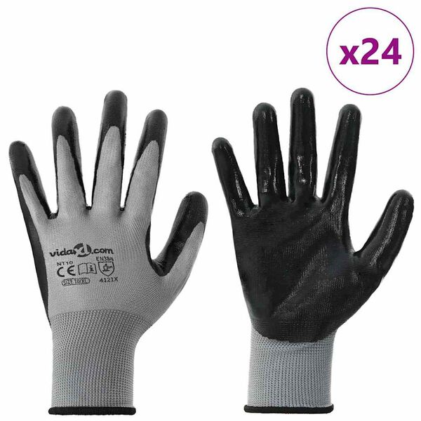 vidaXL Guantes de Trabajo 24 pcs Gris y Negro 10 / xl Poliéster